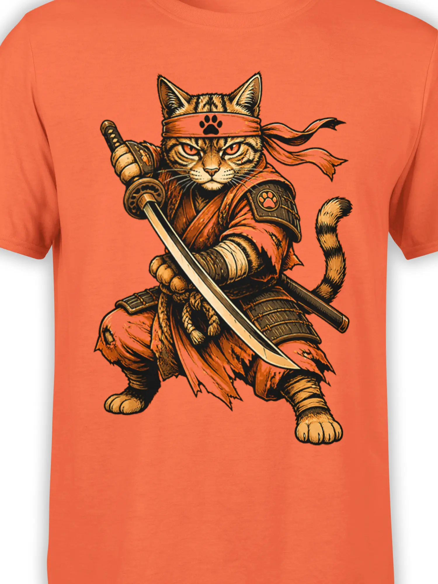 Close-up of the armored cat warrior, sword, headband, and paw details on an orange shirt