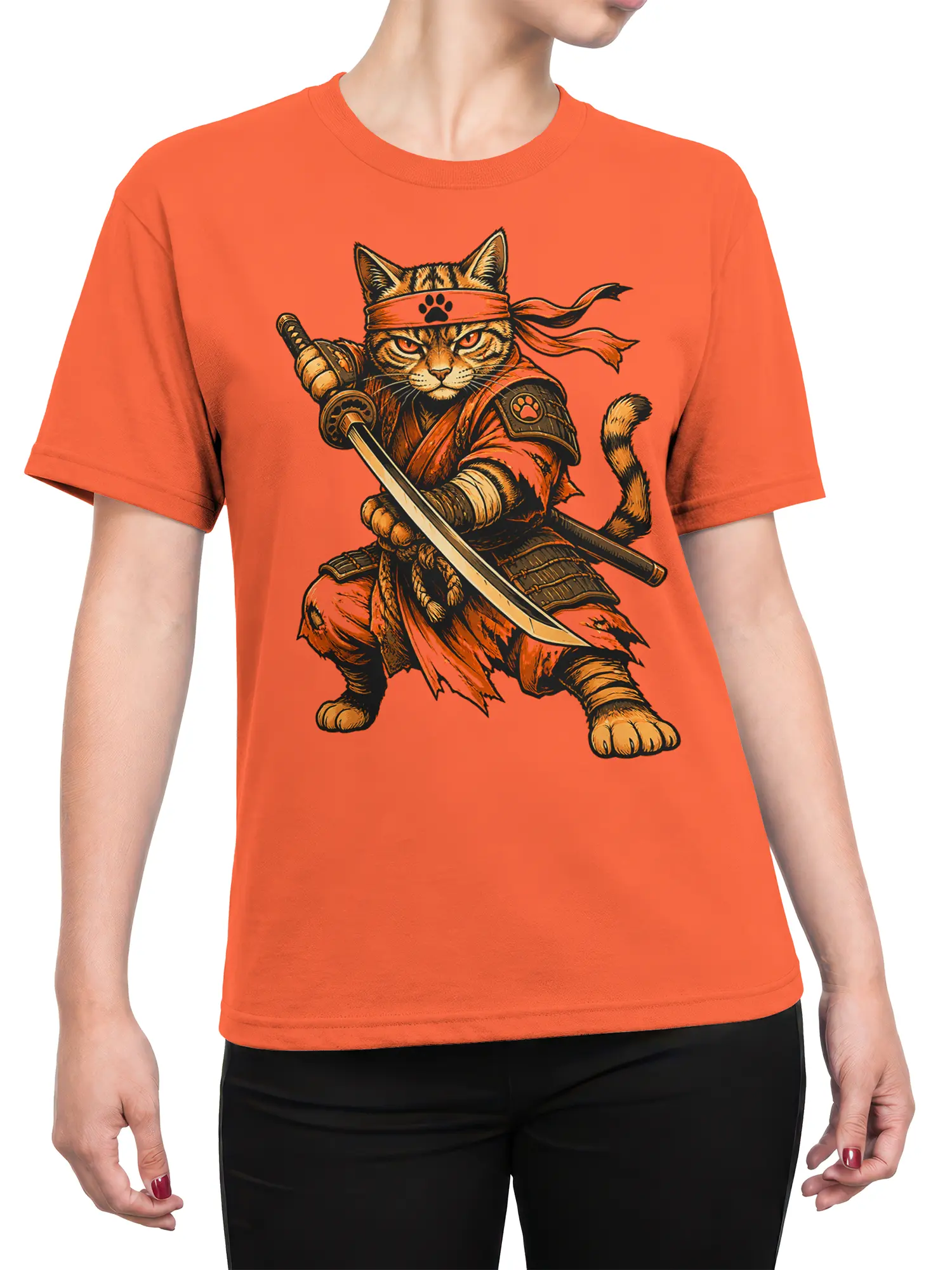 Female torso wearing an orange T-shirt with an armored cat warrior and sword graphic