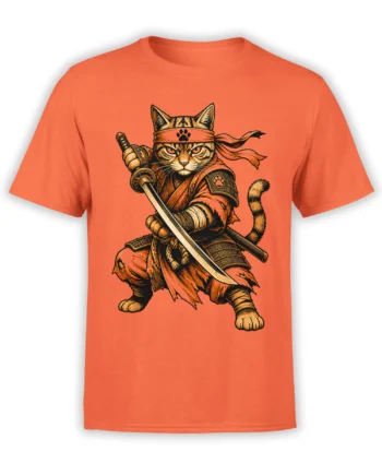 Armored cat warrior holding a sword on an orange fantasy graphic T-shirt