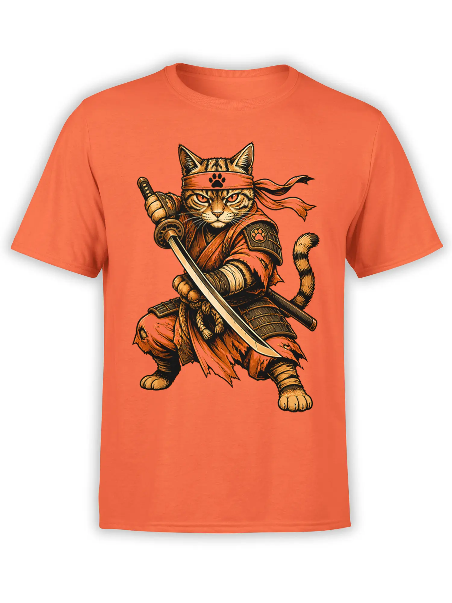 Armored cat warrior holding a sword on an orange fantasy graphic T-shirt