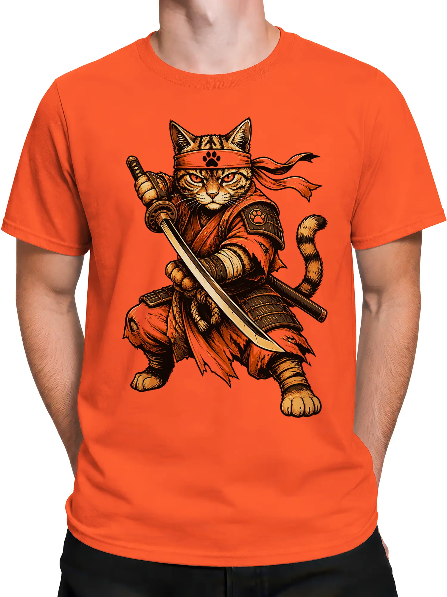 Male torso wearing an orange T-shirt with a detailed sword-wielding cat warrior design