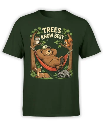 Green bear t-shirt with a relaxed bear in a hammock, woodland animals, trees, and “Trees Know Best” text
