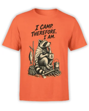 Orange T-shirt with vintage raccoon camping artwork, fishing gear, camp mug, and “I CAMP. THEREFORE, I AM.”