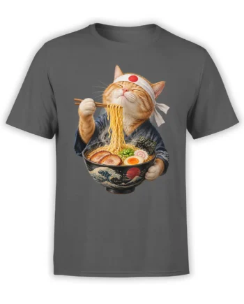 Gray T-shirt with a peaceful orange cat in a headband eating ramen with chopsticks