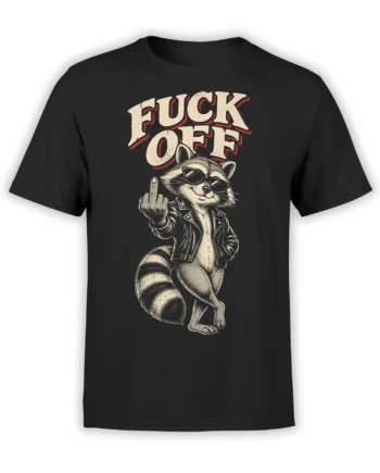 Black T-shirt with a sunglasses-wearing raccoon, leather jacket, and bold “FUCK OFF” graphic