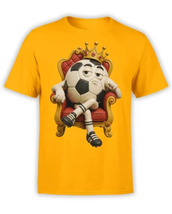 Orange T-shirt with a crowned soccer ball sitting on an ornate red throne