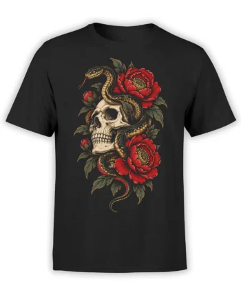 Black T-shirt with a coiled snake, pale skull, red flowers, and green leaves in a vintage dark graphic design