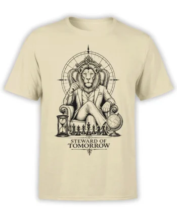 Beige lion t-shirt with a suited lion, chessboard, globe, hourglass, compass, and Steward of Tomorrow design