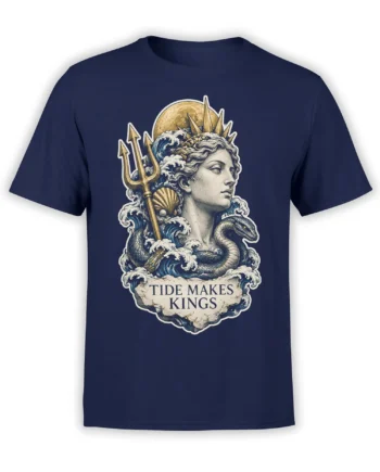 Sea king mythology graphic with trident, serpent, moon, and waves on a navy T-shirt