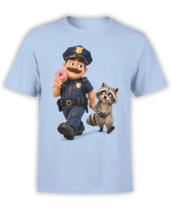 Light blue police t-shirt with a cartoon officer holding a pink donut beside a handcuffed raccoon