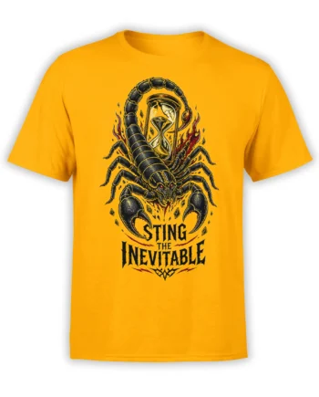 Orange scorpion T-shirt with black creature, cracked hourglass, flames, and “Sting the Inevitable” artwork