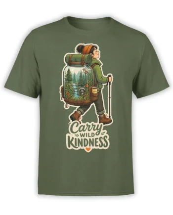 Olive green hiking T-shirt with backpacker, raccoon forest scene, waterfall, bird, and Carry Wild Kindness text