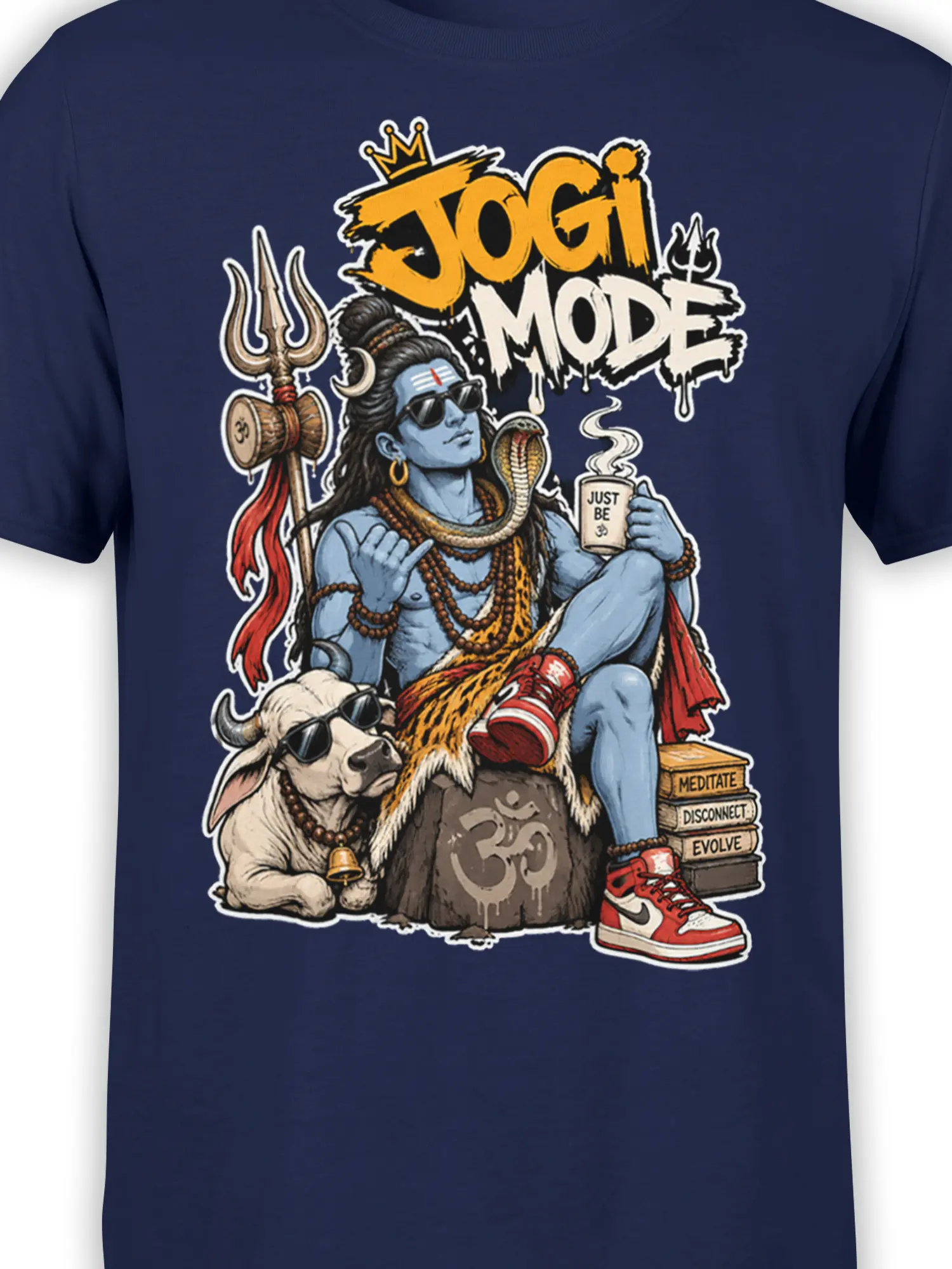 Close-up of Yogi Mode artwork showing the blue yogi, trident, bull, Om symbol, mug, and spiritual book details