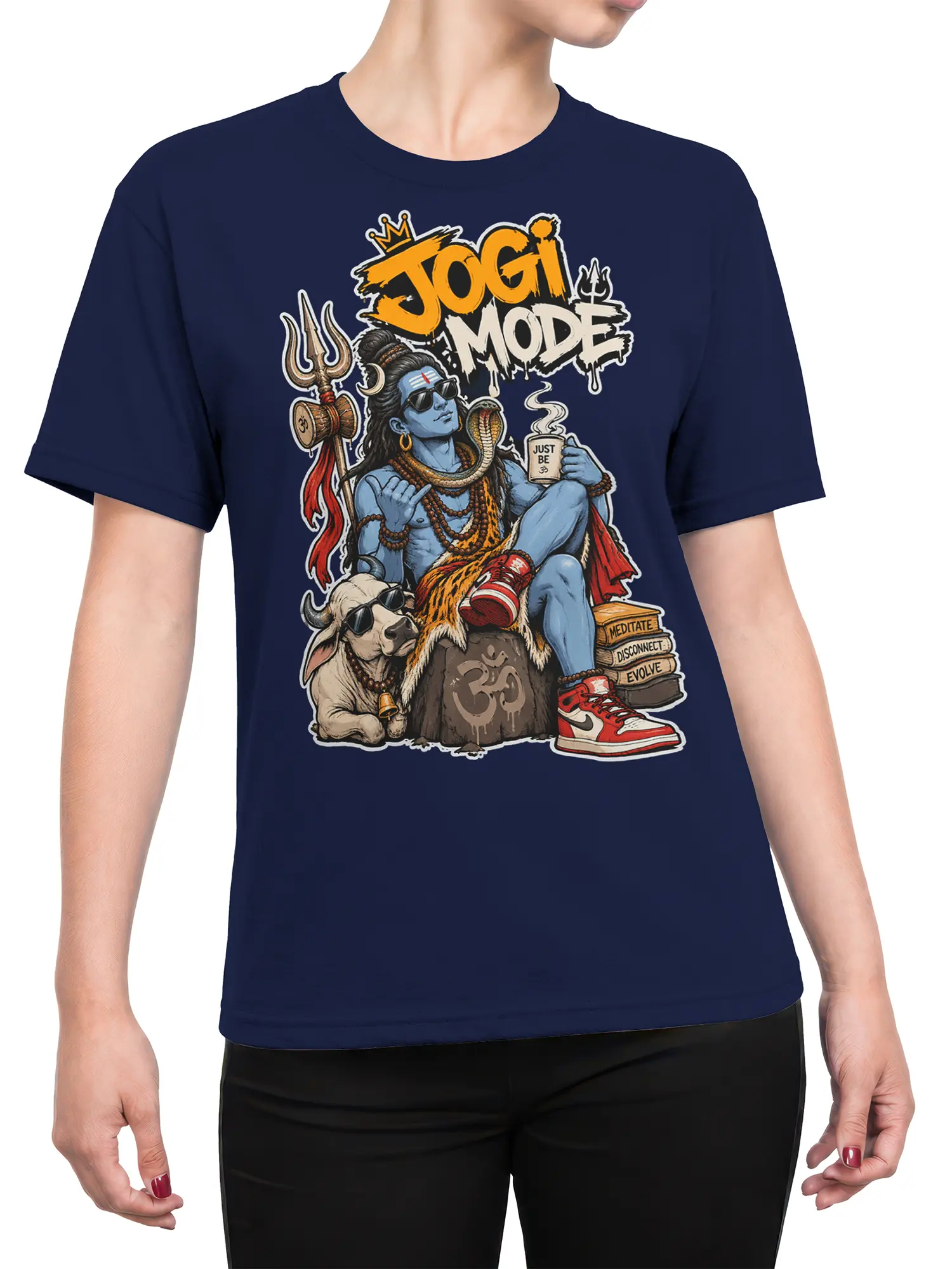Female torso wearing a navy T-shirt with colorful Yogi Mode meditation artwork and a blue yogi graphic