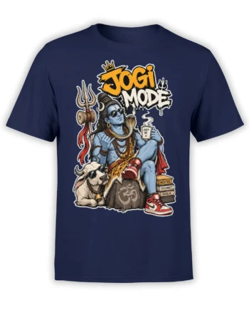 Yogi Mode meditation graphic with blue yogi, bull companion, trident, and spiritual symbols on a navy T-shirt