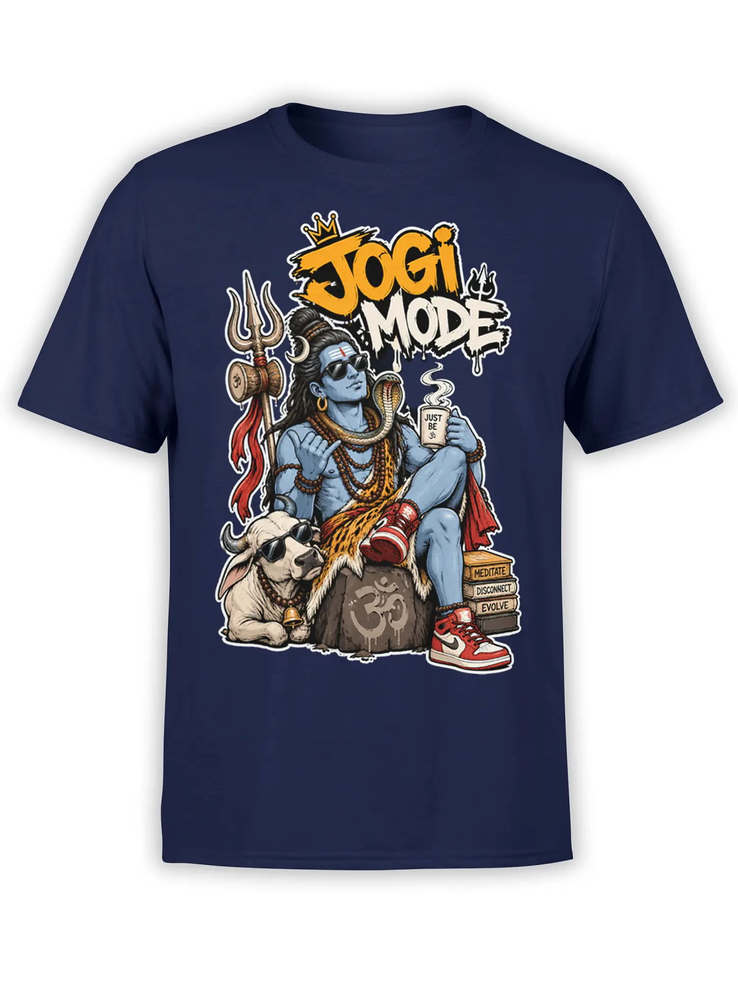 Yogi Mode meditation graphic with blue yogi, bull companion, trident, and spiritual symbols on a navy T-shirt