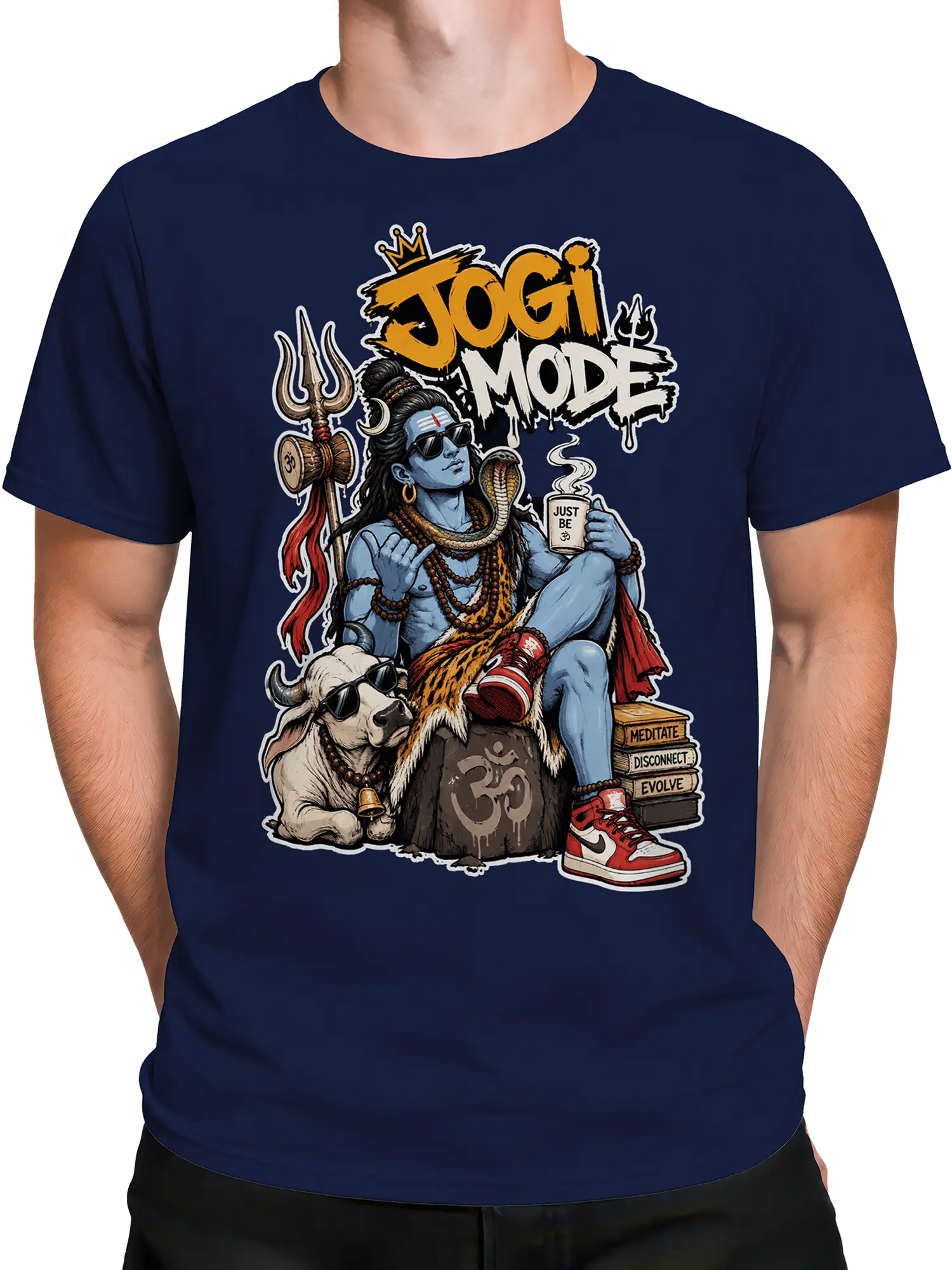 Male torso wearing a navy T-shirt with Yogi Mode artwork, a blue yogi, bull companion, and spiritual details