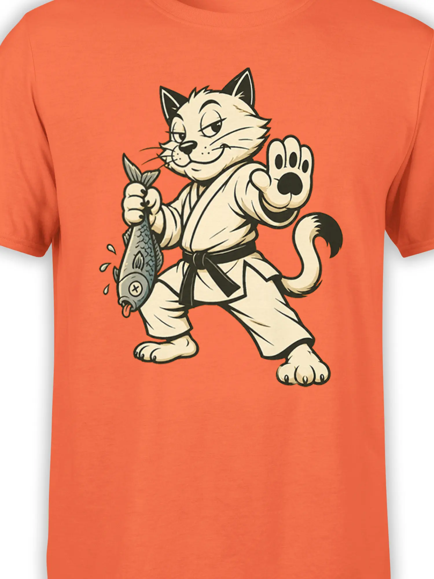 Close-up of a cartoon martial artist cat, fish, and raised paw printed on an orange T-shirt