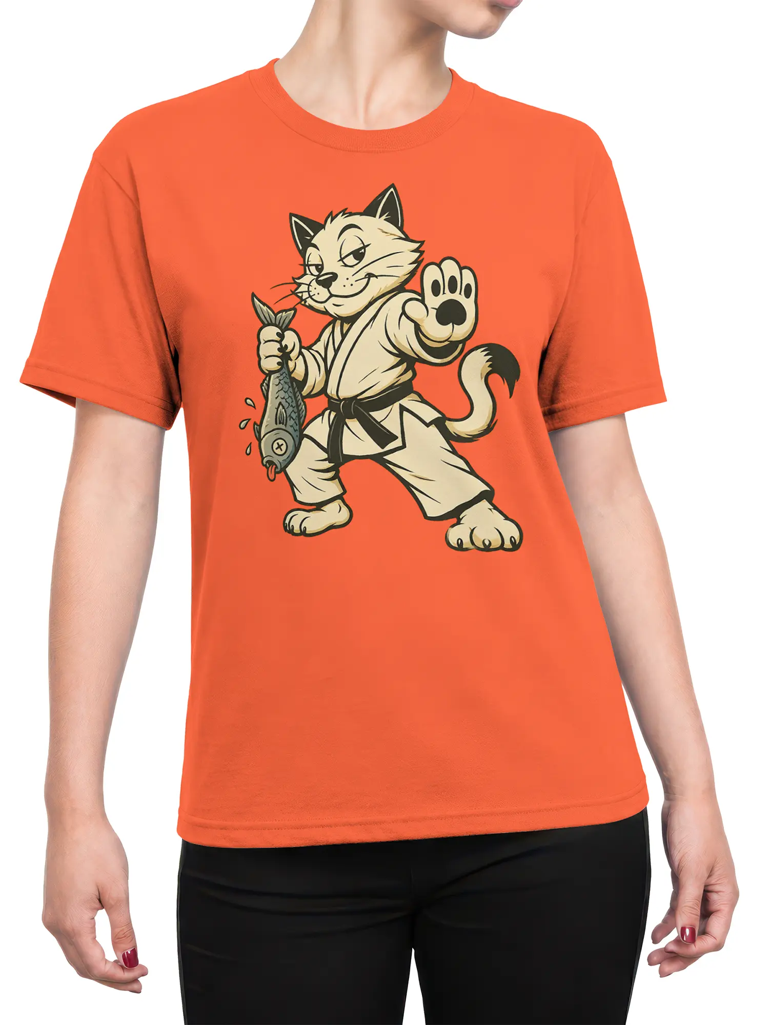 Female torso wearing an orange T-shirt with a martial artist cat holding a fish and raising one paw