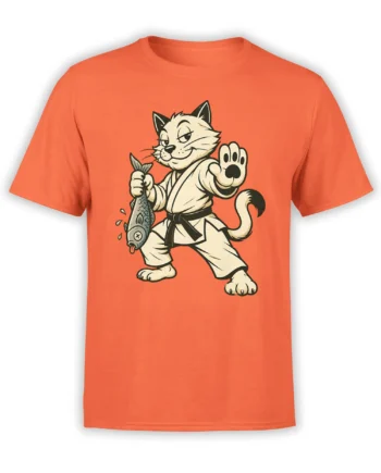 Martial artist cat holding a fish and raising one paw on an orange cat graphic T-shirt
