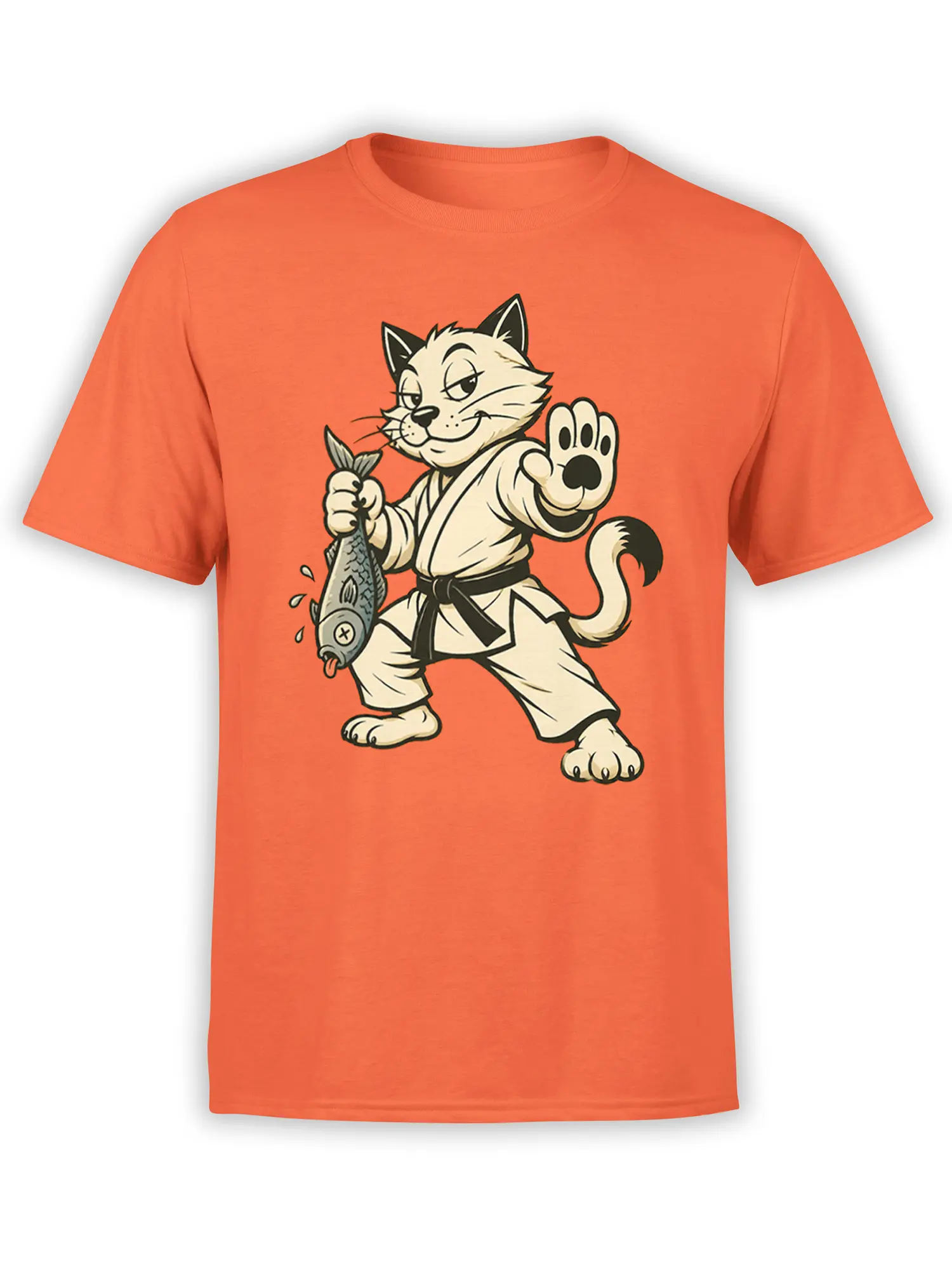 Martial artist cat holding a fish and raising one paw on an orange cat graphic T-shirt