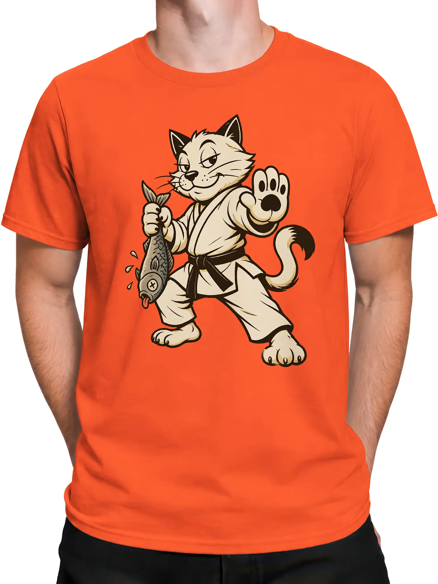 Male torso wearing an orange T-shirt with a cartoon martial artist cat and fish design