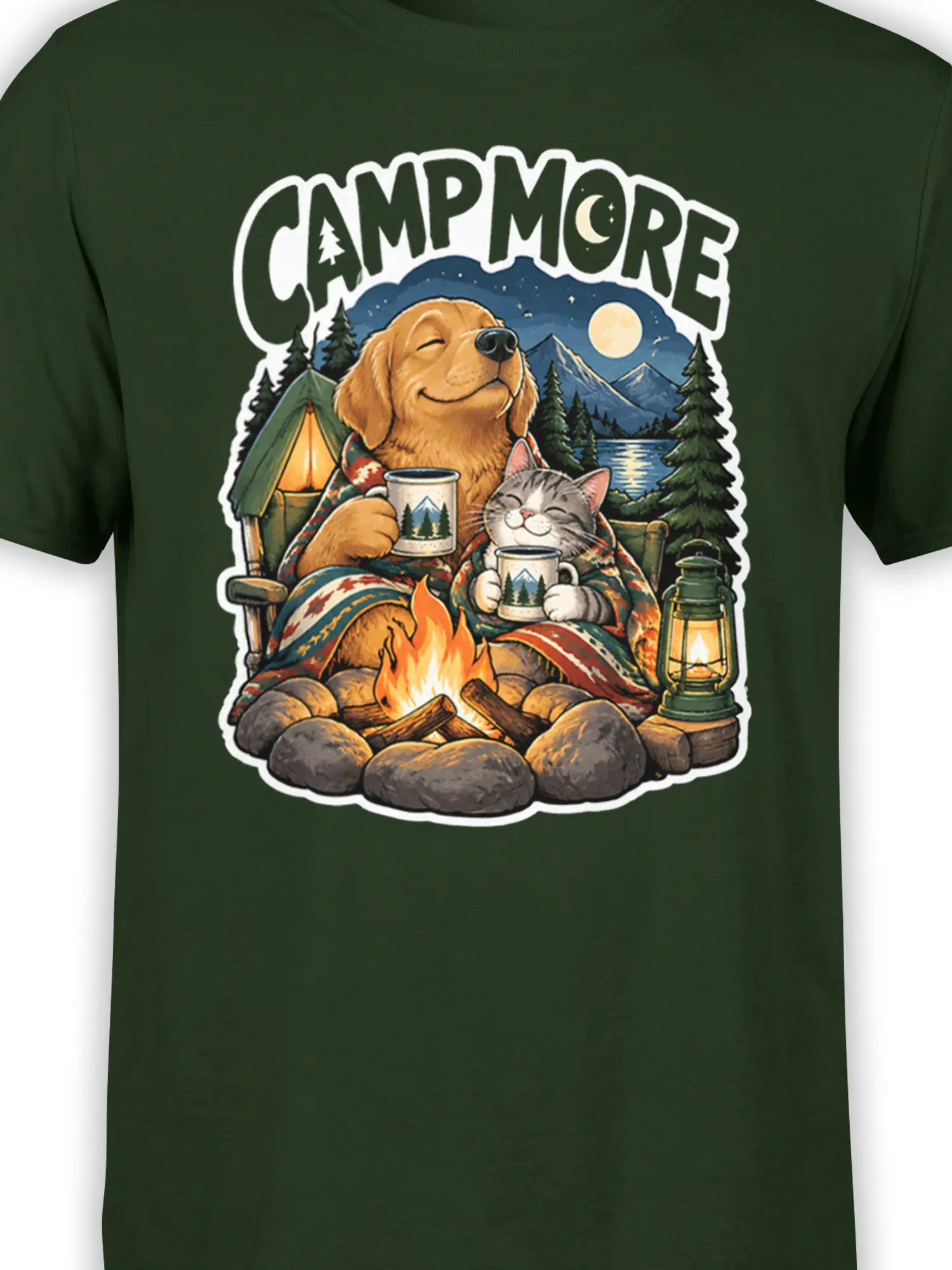 Close-up of dog and cat camping graphic with mugs, campfire, moon, mountains, and CAMP MORE text
