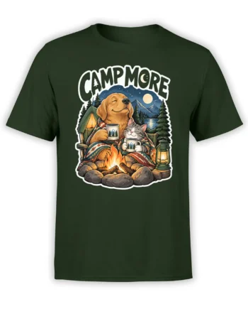 Green camping T-shirt with smiling dog, sleepy cat, campfire, tent, mountains, and CAMP MORE design
