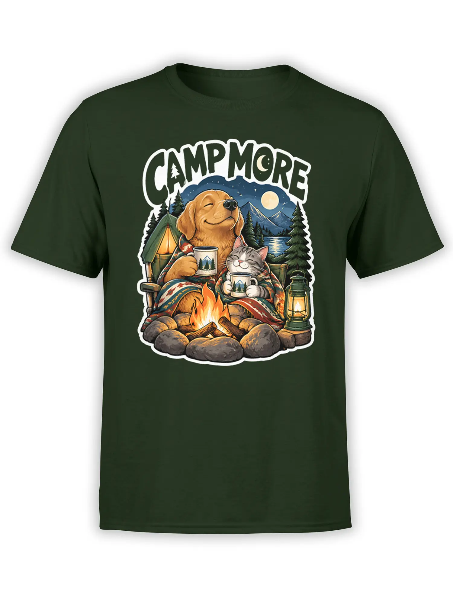 Green camping T-shirt with smiling dog, sleepy cat, campfire, tent, mountains, and CAMP MORE design