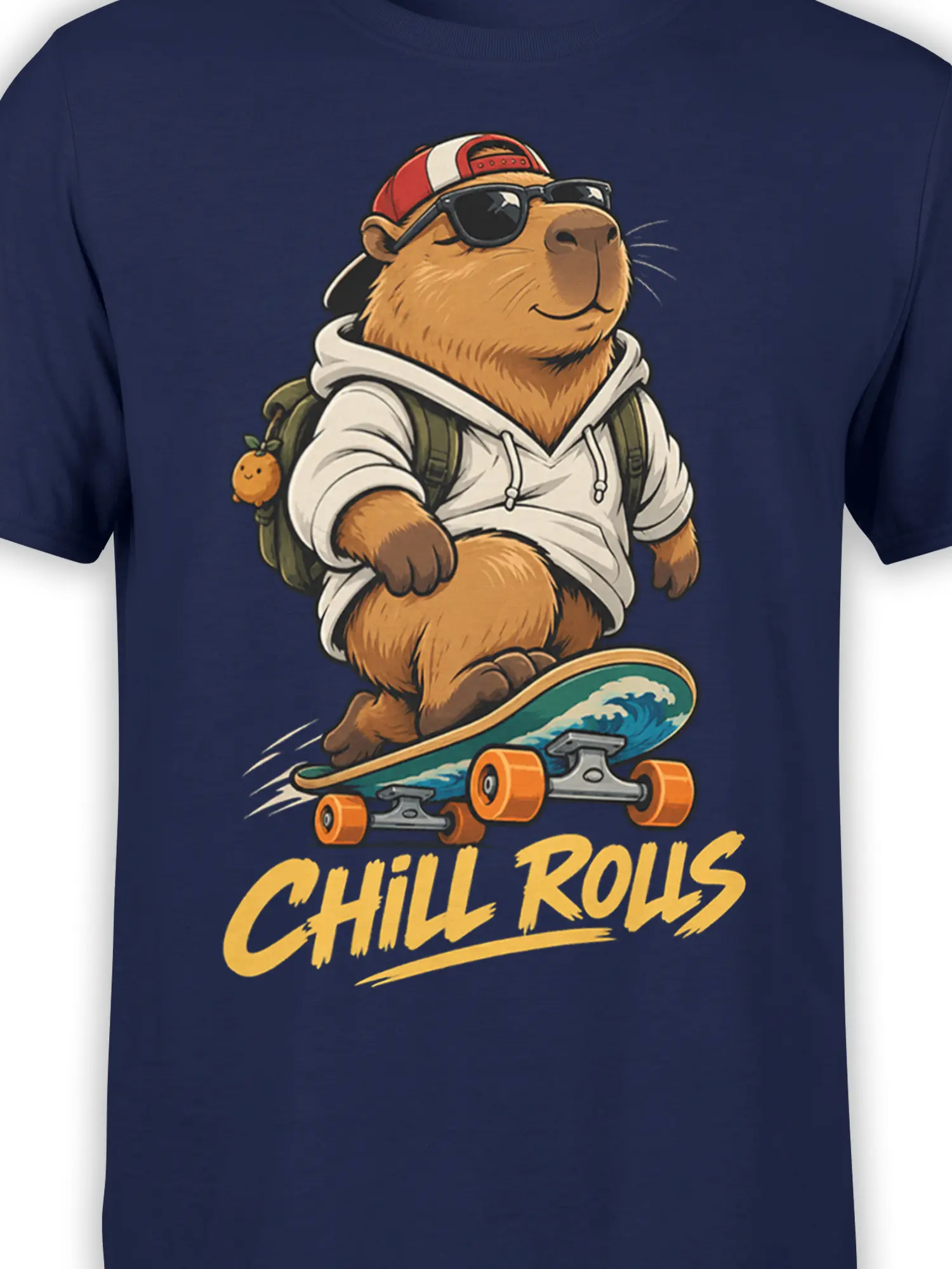 Close-up of capybara skateboard artwork, sunglasses, hoodie, and “CHILL ROLLS” text on navy fabric