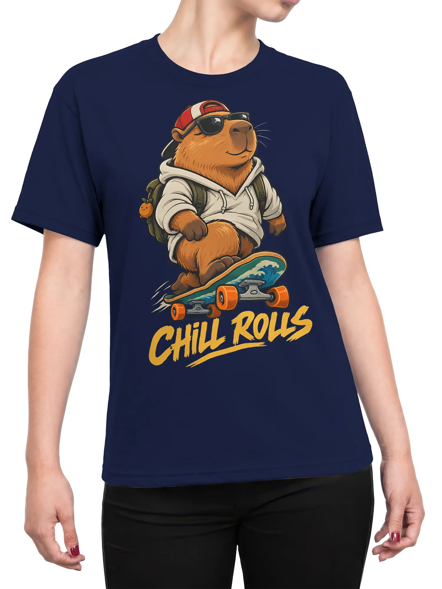 Female torso wearing a navy capybara skateboard T-shirt with “CHILL ROLLS” graphic artwork