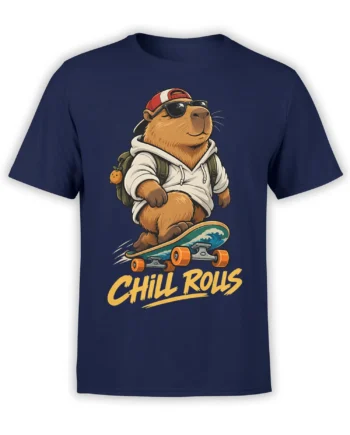 Relaxed capybara riding a skateboard with “CHILL ROLLS” lettering on a navy graphic T-shirt