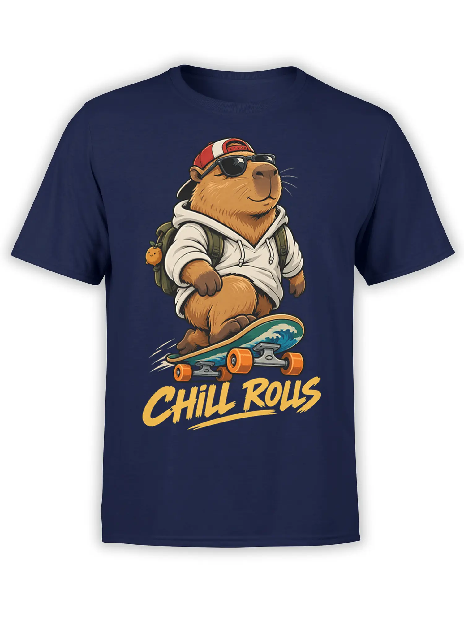Relaxed capybara riding a skateboard with “CHILL ROLLS” lettering on a navy graphic T-shirt