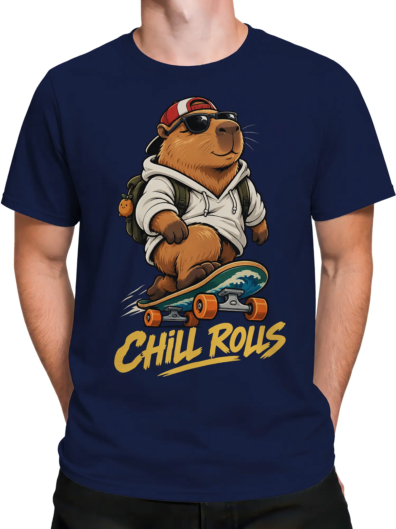 Male torso wearing a navy capybara skateboard T-shirt with colorful “CHILL ROLLS” artwork