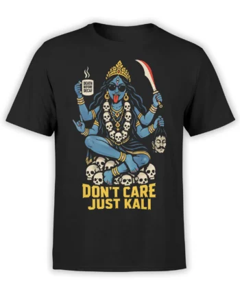 Black Kali T-shirt with blue four-armed goddess, skull necklace, sword, coffee mug, and golden slogan