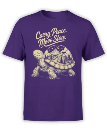 Purple turtle T-shirt with cream mountain landscape artwork and the message Carry Peace Move Slow