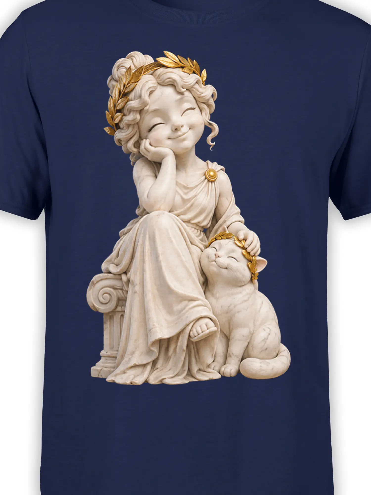 Close-up of classical woman and laurel-crowned cat artwork on a navy cat graphic tee