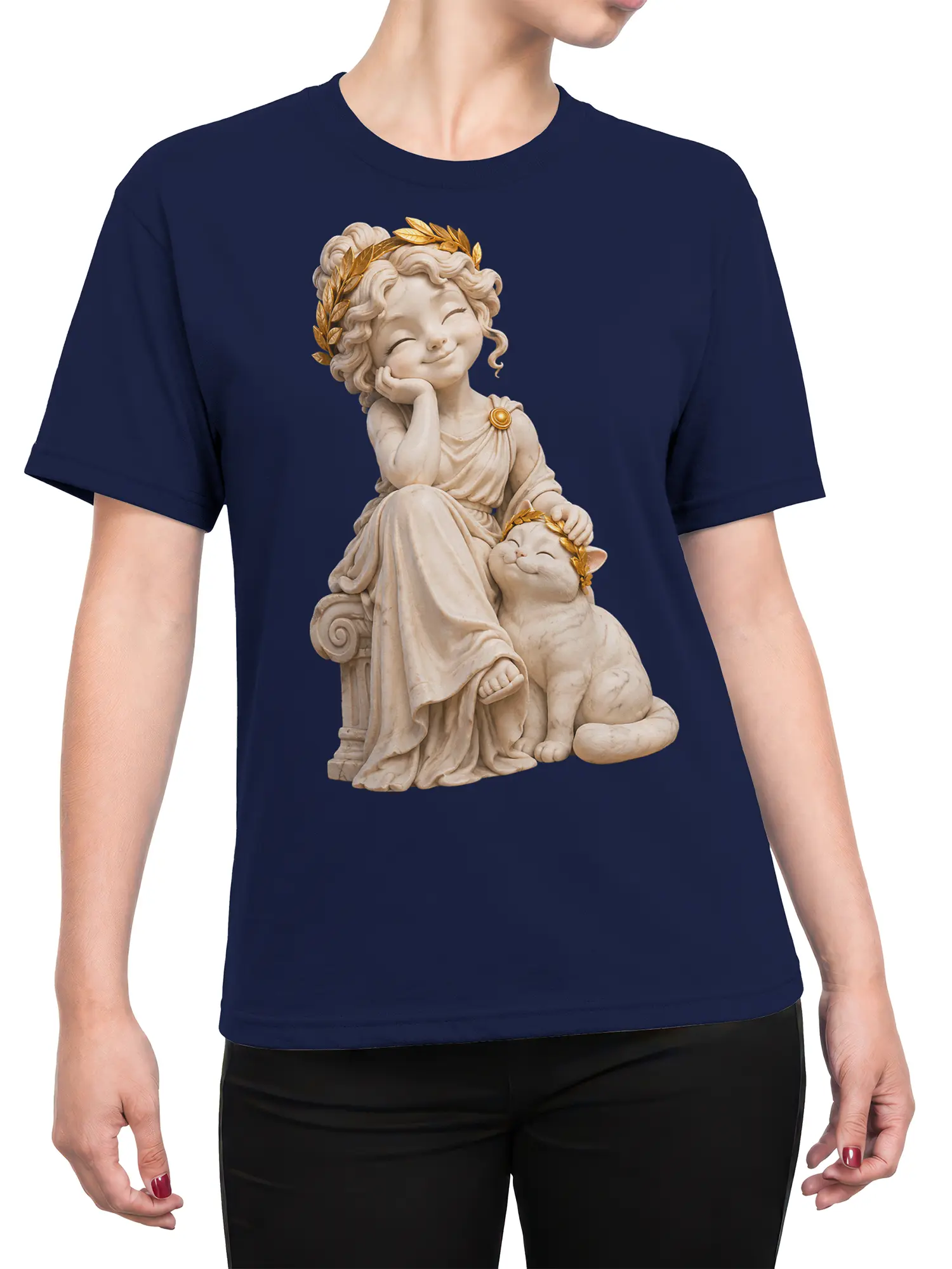 Female model wearing a navy T-shirt with classical woman and laurel-crowned cat artwork