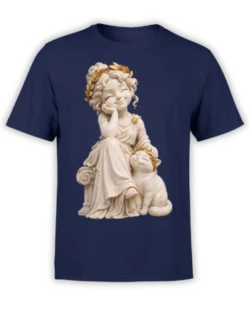 Classical woman and laurel-crowned cat artwork printed on a navy graphic T-shirt