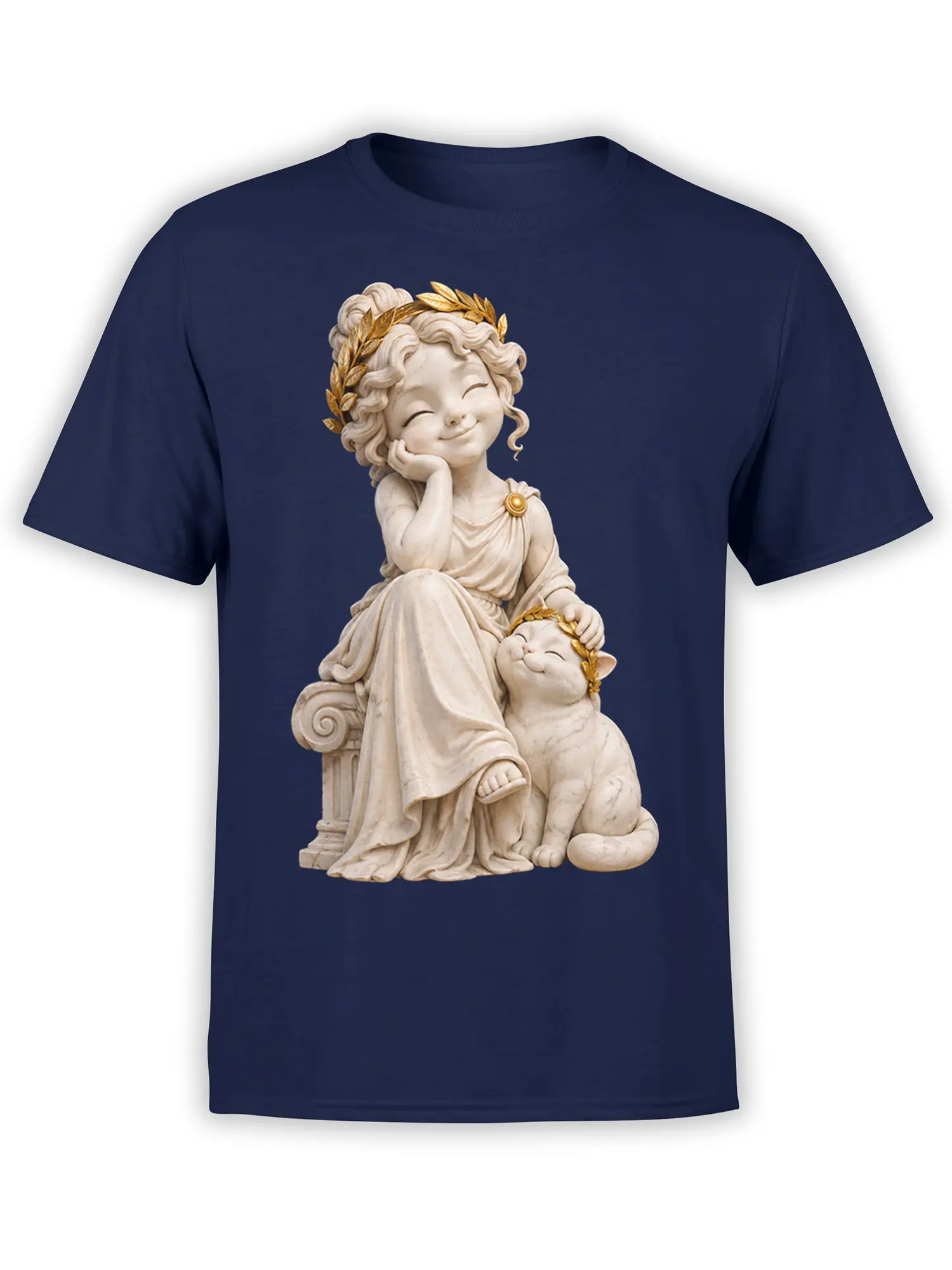 Classical woman and laurel-crowned cat artwork printed on a navy graphic T-shirt