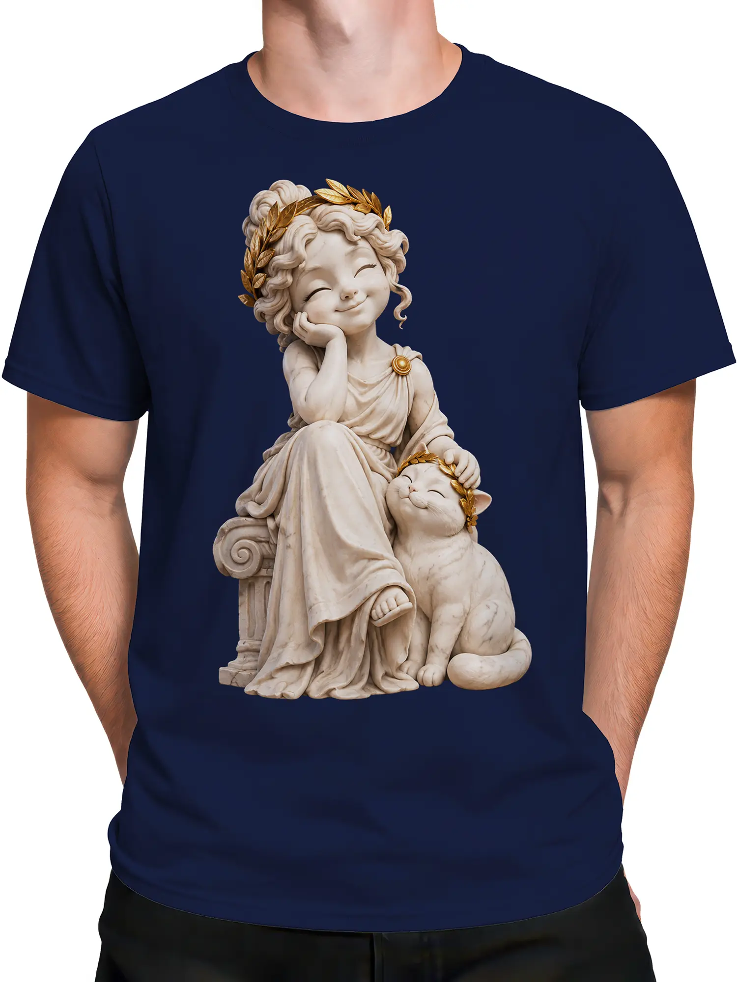 Male model wearing a navy T-shirt with classical woman and laurel-crowned cat artwork