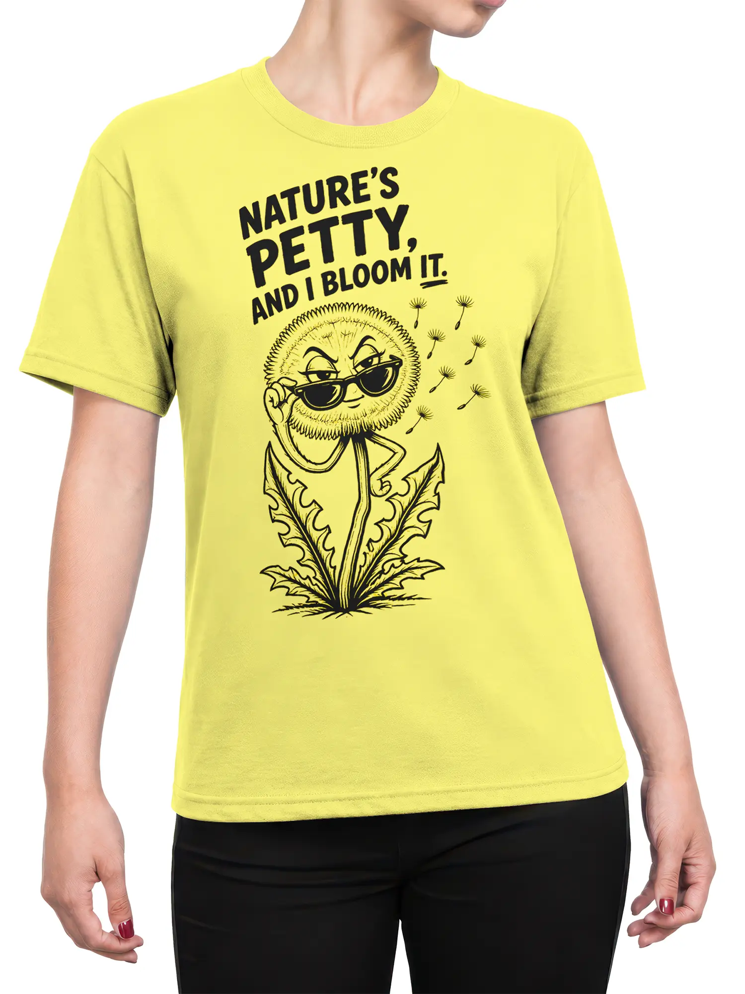 Female torso wearing a yellow dandelion T-shirt with sunglasses and a sarcastic botanical quote