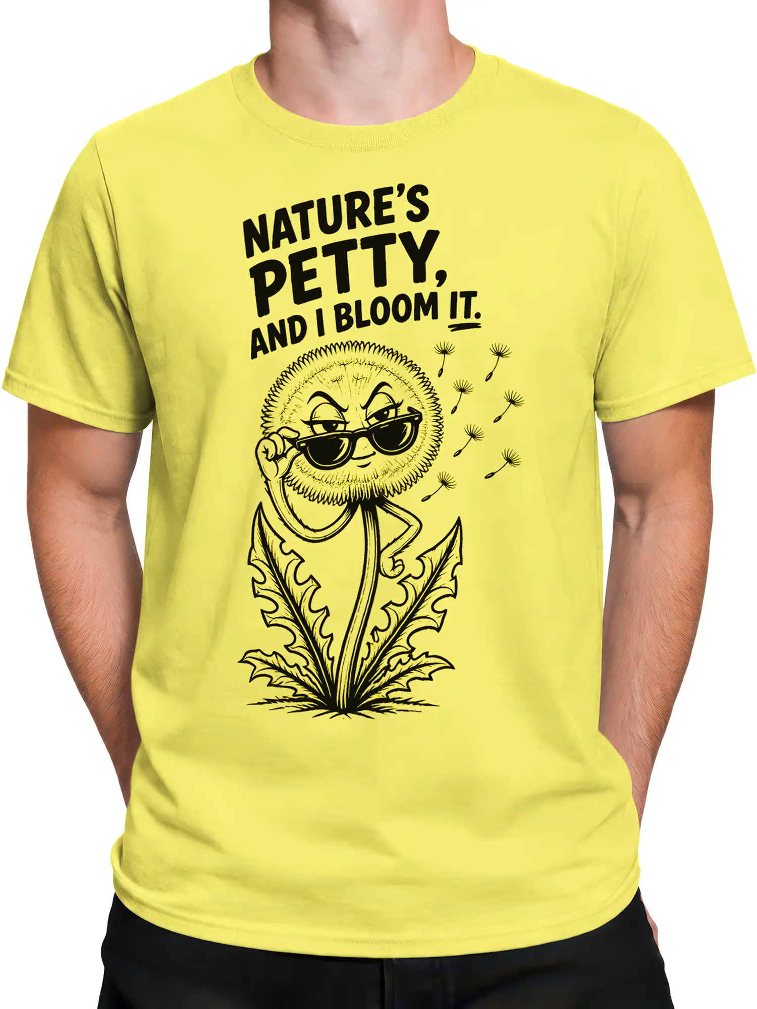 Male torso wearing a yellow dandelion graphic T-shirt with a sarcastic black botanical design