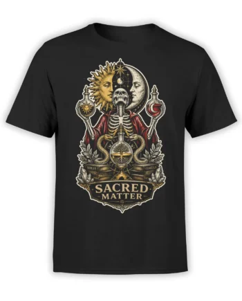 Black shirt with vintage alchemical skeleton, sun and moon faces, serpents, crystals, and Sacred Matter lettering