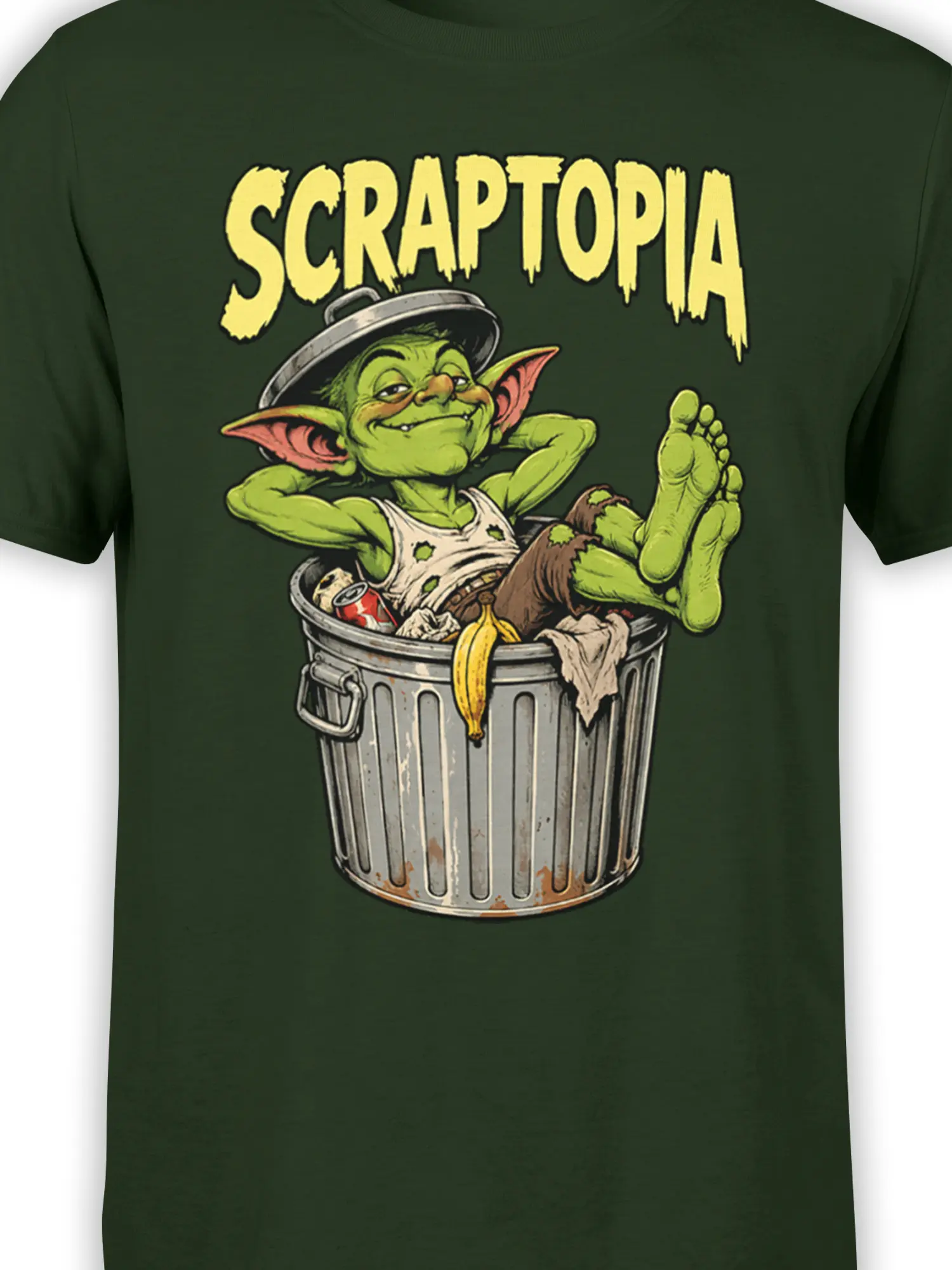 Close-up of green goblin artwork lounging among trash on a dark green Scraptopia T-shirt
