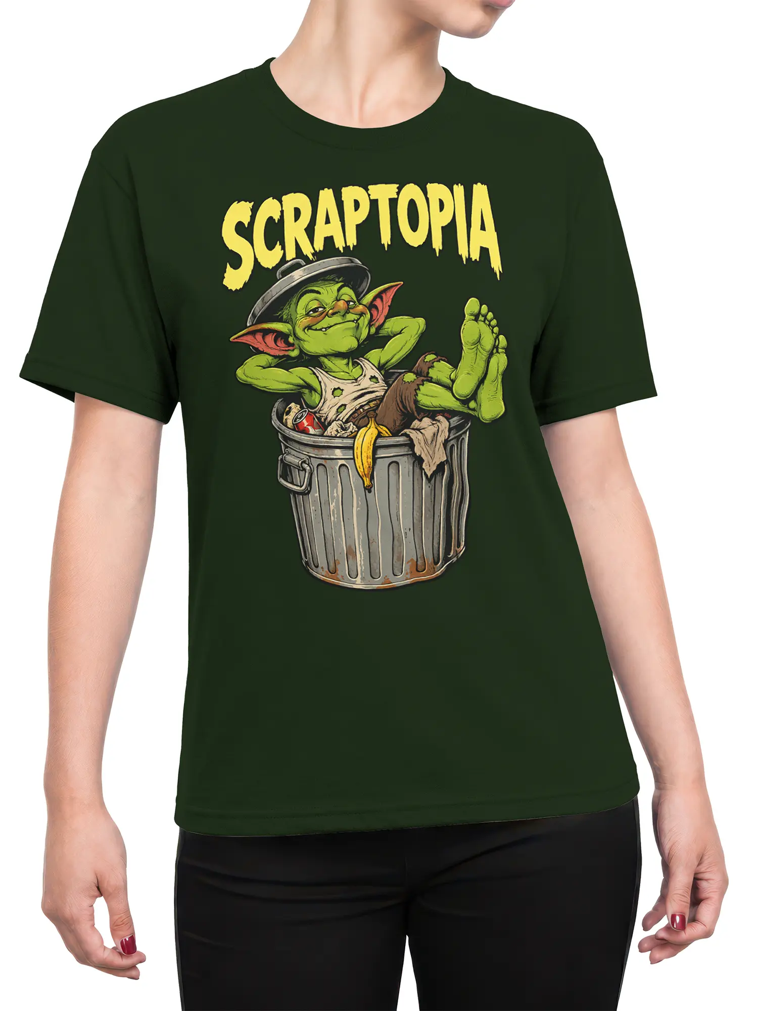 Female torso wearing a dark green T-shirt with the Scraptopia goblin trash can graphic