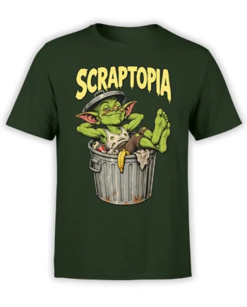 Dark green T-shirt with a lounging green goblin in a trash can and yellow Scraptopia lettering