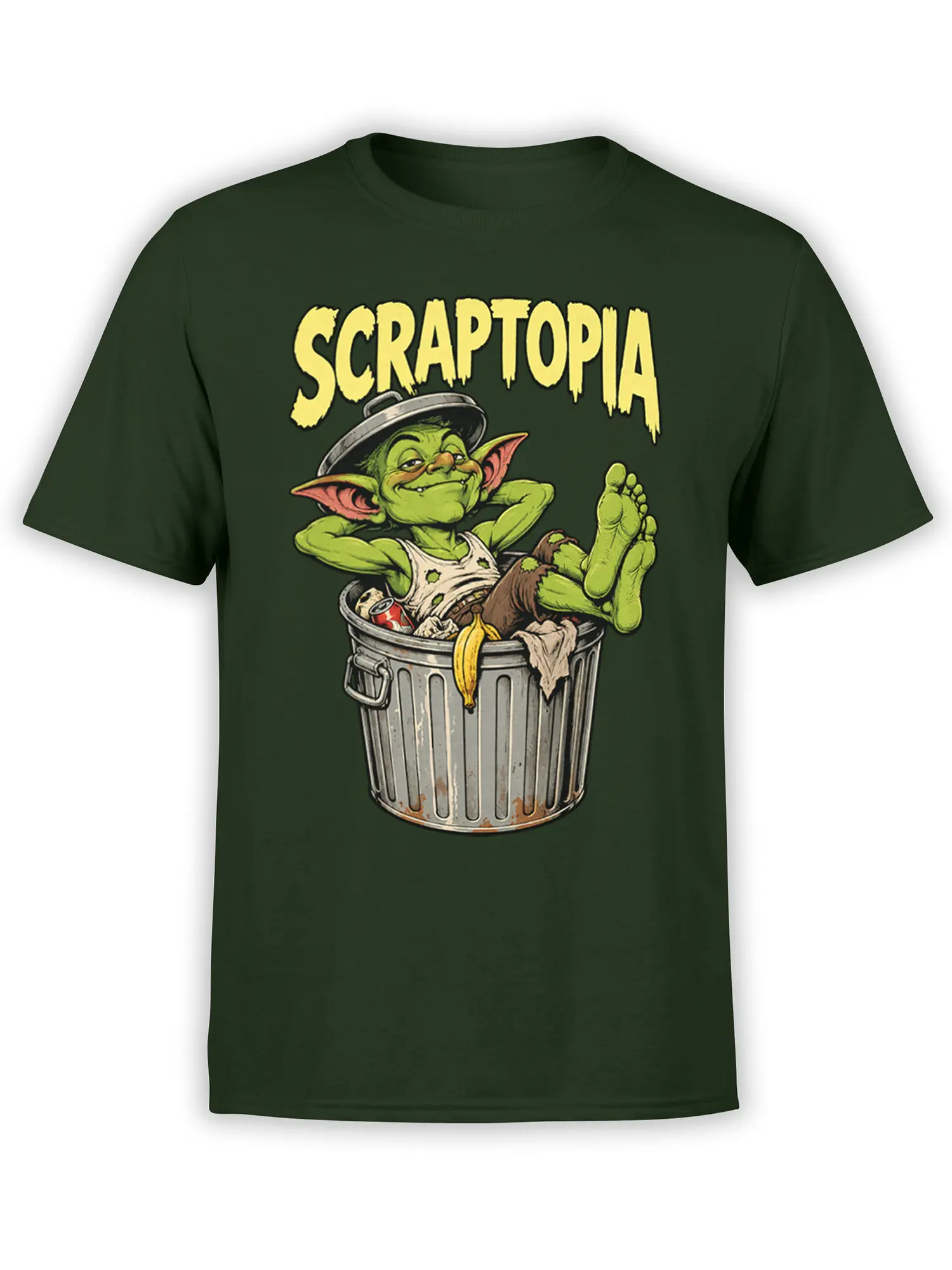 Dark green T-shirt with a lounging green goblin in a trash can and yellow Scraptopia lettering