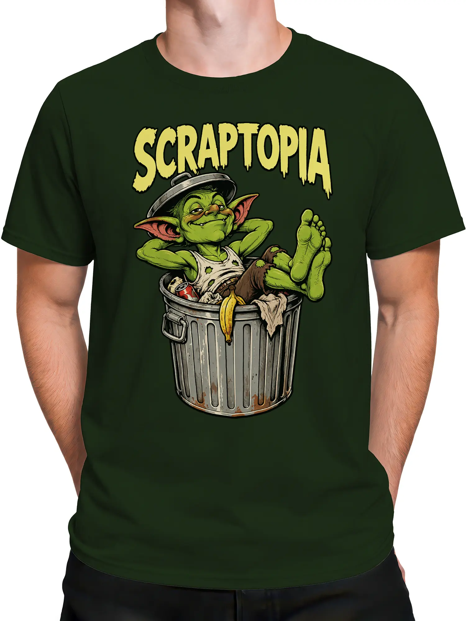 Male torso wearing a dark green graphic T-shirt with a lounging goblin in a trash can