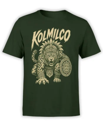 Jaguar warrior graphic with feathered headdress and shield on a dark green T-shirt